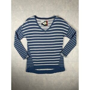 Cupio Womens Blue White Striped V-Neck Long Sleeve Top Small Nautical Casual